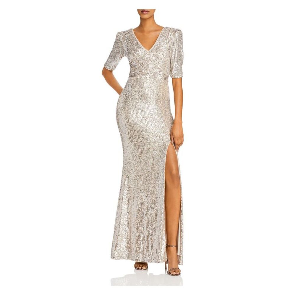 AQUA FORMAL Womens Beige Pouf Sleeve V Neck Full-Length Evening Sheath Dress 0